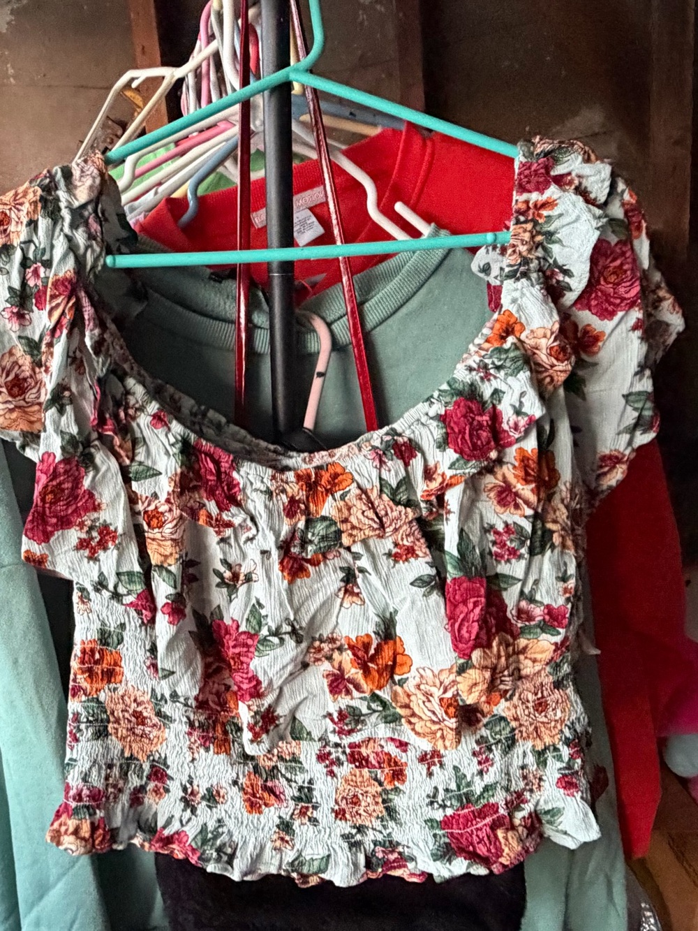 Floral Smocked Off-Shoulder Crop Top - Sage Green